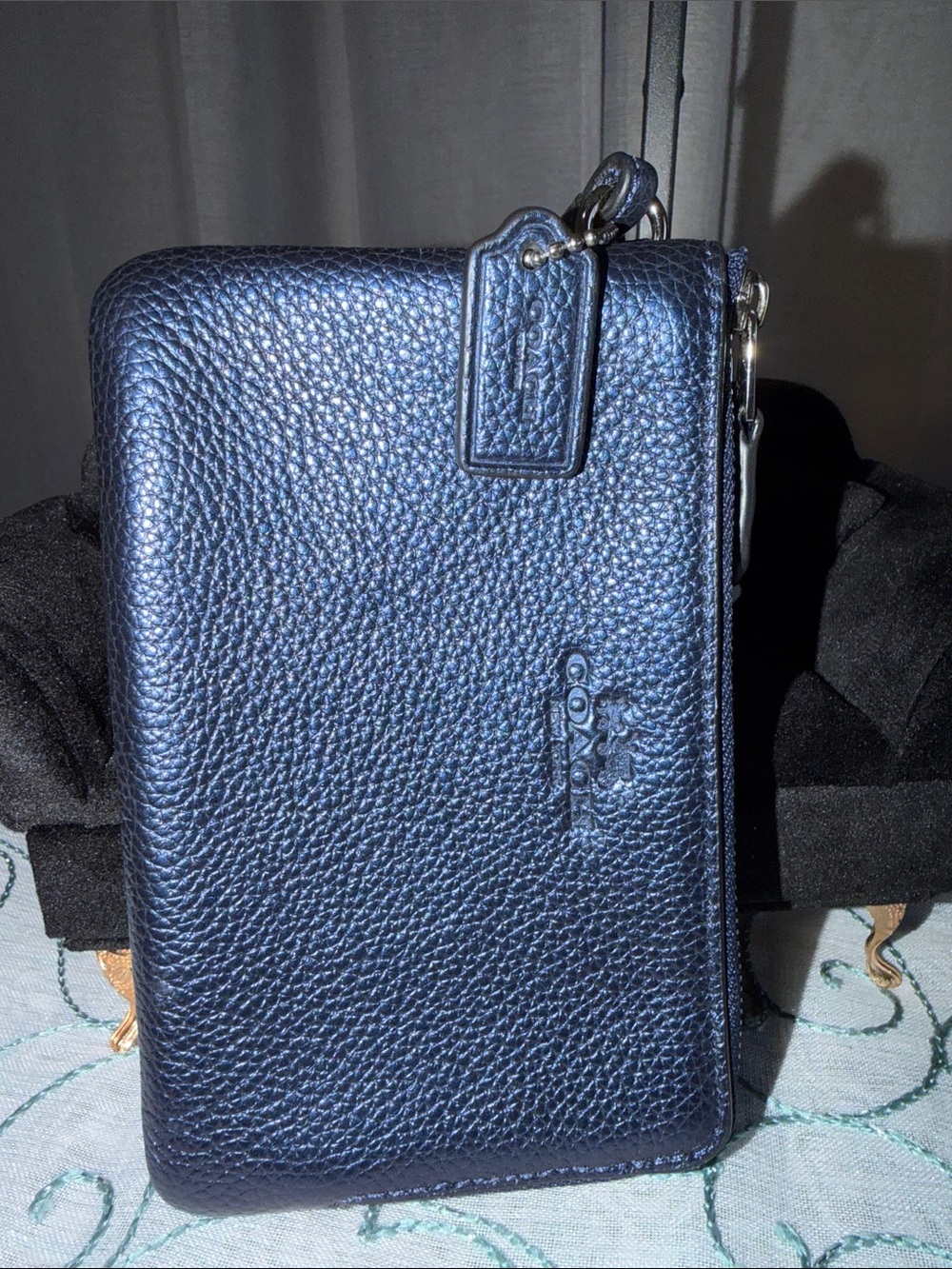Coach Double Zip Navy Metallic Pebbled Leather Wristlet - Picture 12 of 12